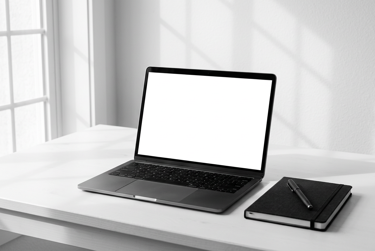 A laptop and notebook on a bright desk, ready for a writing session