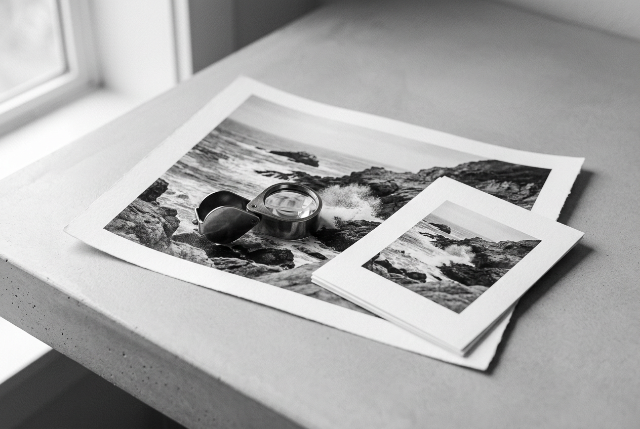 Photo prints and a magnifying loupe arranged on a white surface