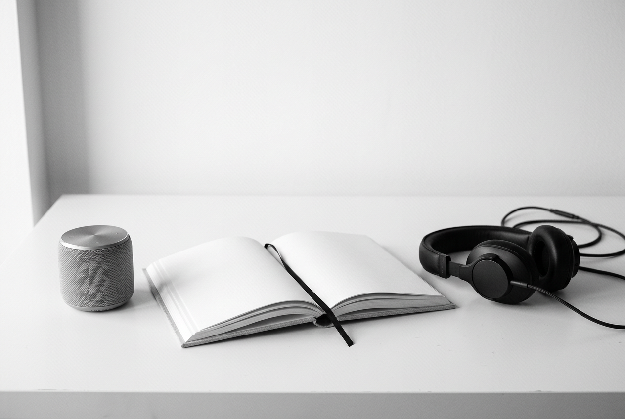 Headphones, a small speaker, and an open book on a bright desk